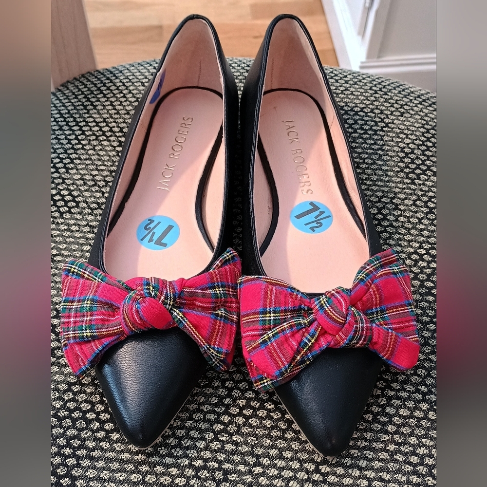 NWOB Jack Rogers Debra Black Tartan Plaid Bow Flats Pointed Toe Size 7.5